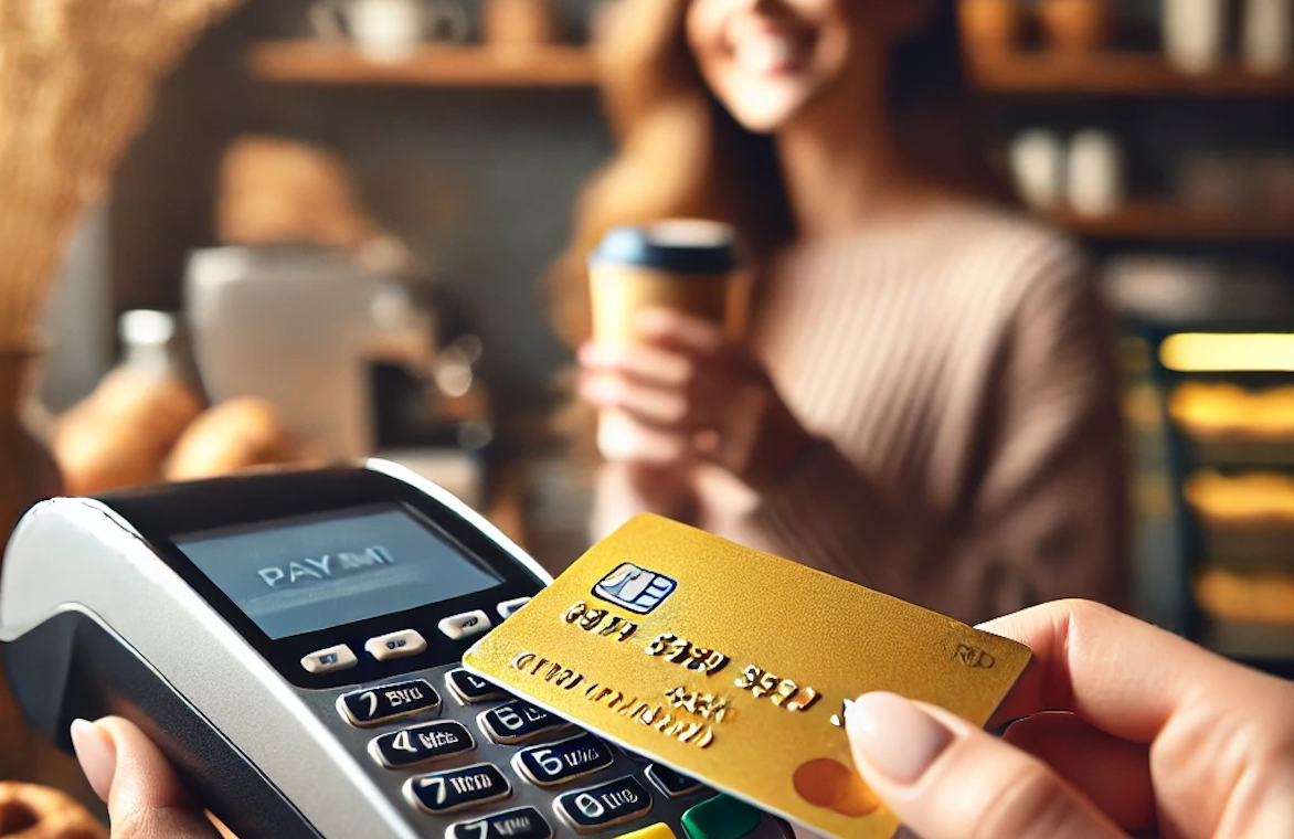 a person paying with a gold credit card