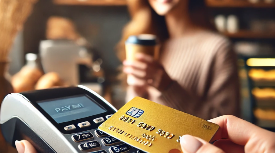 a person paying with a gold credit card