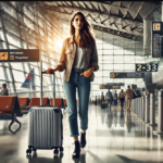 a woman walking with a luggage in an airport