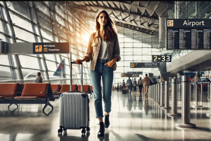 a woman walking with a luggage in an airport