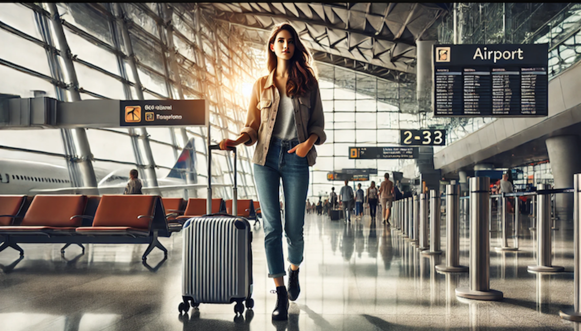 a woman walking with a luggage in an airport