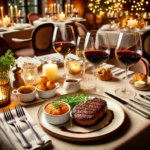 a table with food and wine glasses