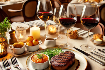 a table with food and wine glasses