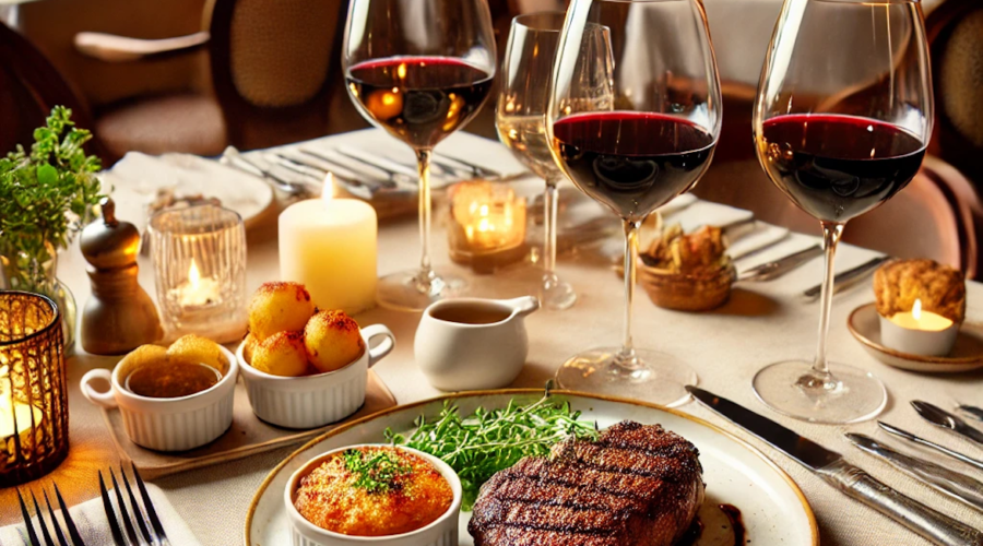 a table with food and wine glasses