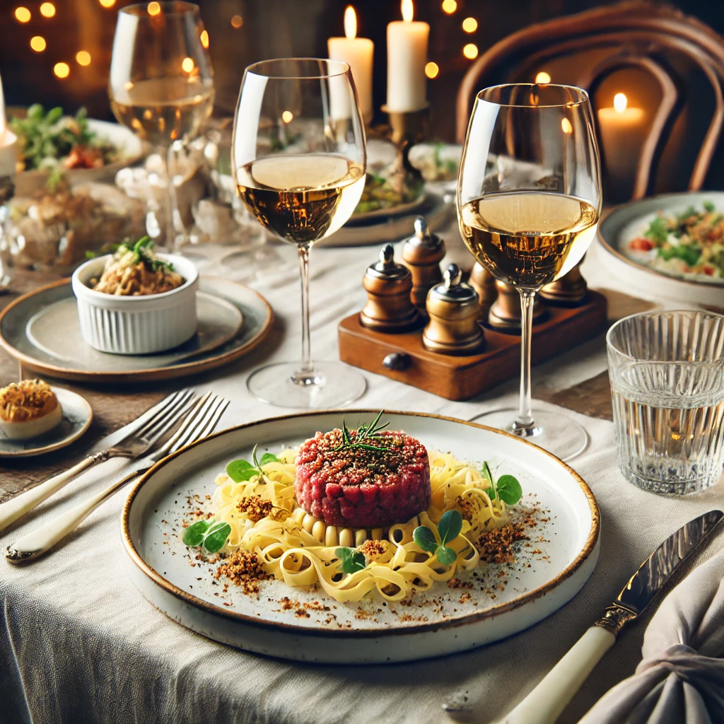 steak tartar with pasta and rose wine on the side